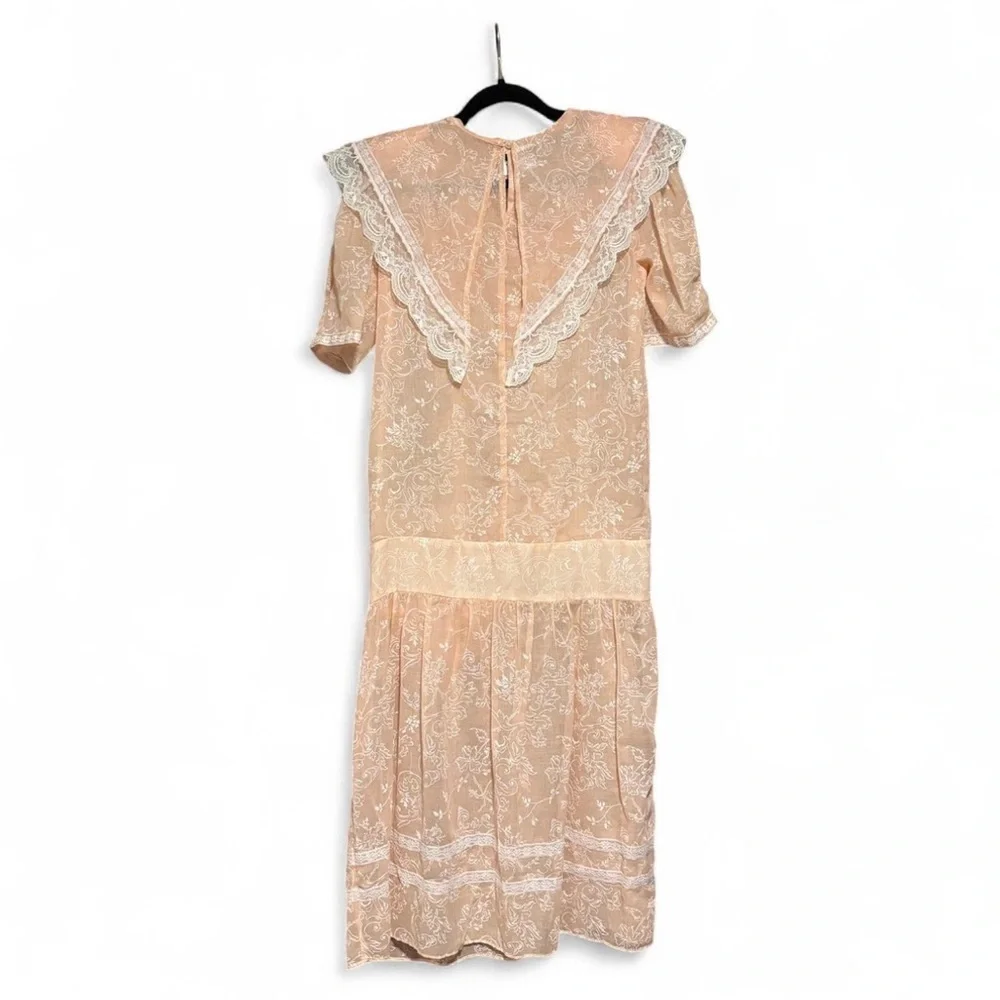 Vintage Gunne Sax Dress XS 3 Peach Sheer Lace Drop Waist Floral Cottagecore - Picture 3 of 8